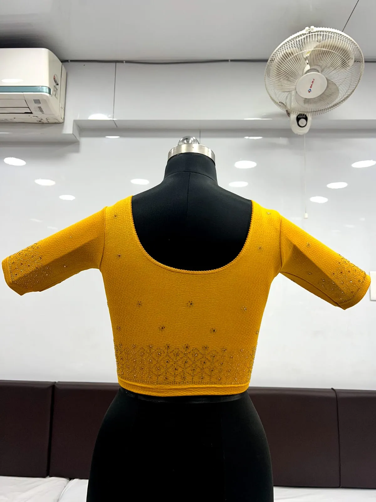 Appealing Yellow Color Cotton Lycra Ready To Wear Strachable Blouse With Siroski Work