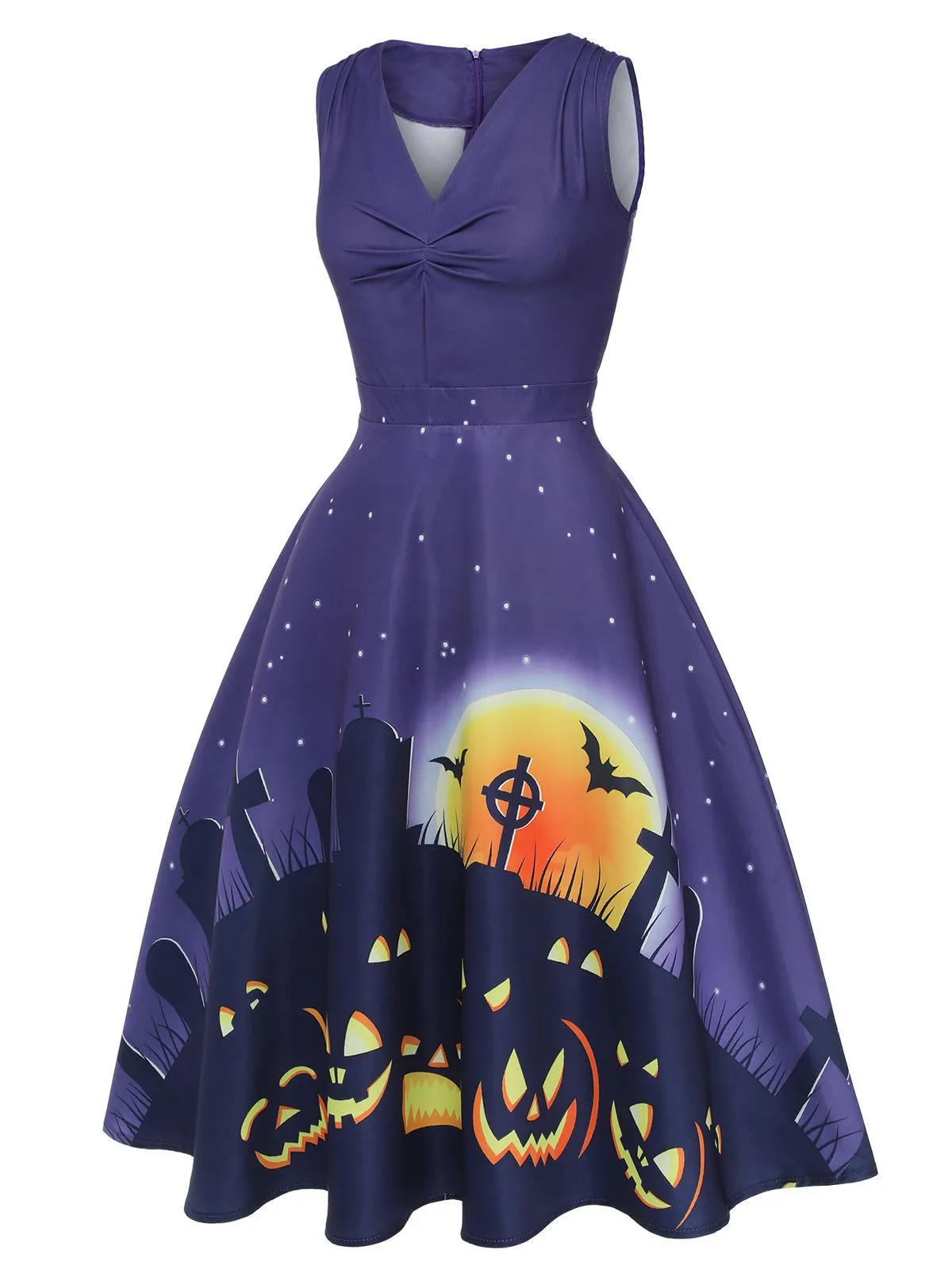 Deep Purple 1950s Halloween V-Neck Swing Dress