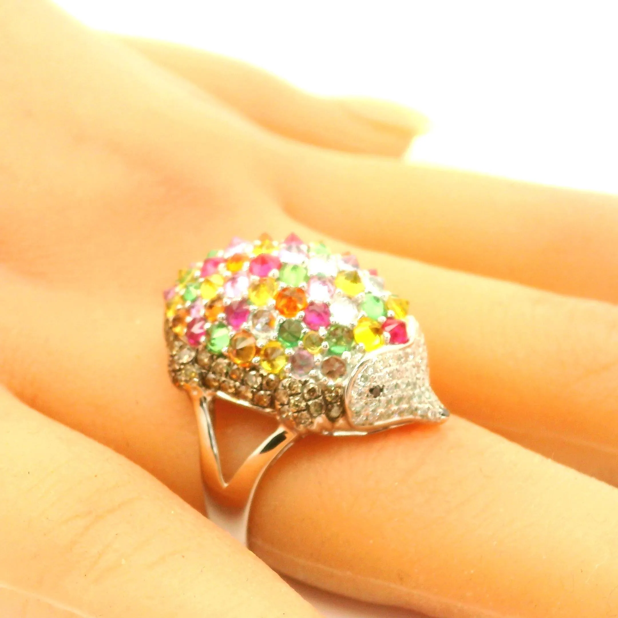 Multi-Color Gemstone Diamond 18K White Gold Hedgehog Ring