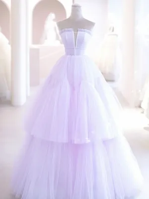 Purple A line Tulle Long Prom Dresses, Purple Evening Graduation Dresses