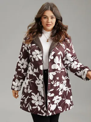 Silhouette Floral Print Fuzzy Zipper Hooded Coat