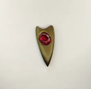 Vintage Brass Bronze Tone Metal Red Faceted Rhinestone Modern Brooch Pin